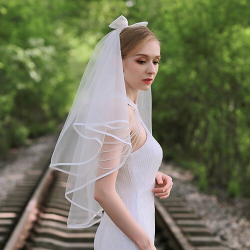 Two-tier Classic & Timeless / Cute Wedding Veil Fingertip Veils with Satin  Bow Tulle 2023 - $10.99