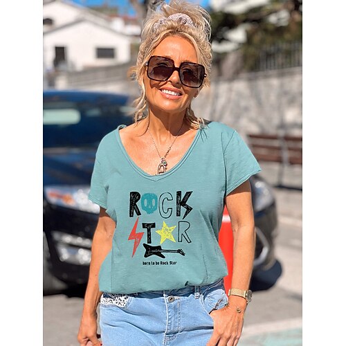 

Women's Casual Weekend Painting T shirt Tee Graphic Text Short Sleeve Print V Neck Basic Tops Green White Pink S
