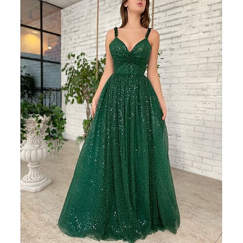 

A-Line Prom Dresses Sparkle & Shine Dress Prom Floor Length Sleeveless V Neck Sequined with Sequin Pure Color 2022 / Formal Evening