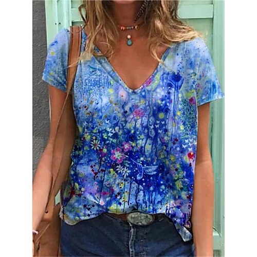 

Women's Casual Daily T shirt Tee Floral Short Sleeve Patchwork Print V Neck Basic Tops Blue S / 3D Print