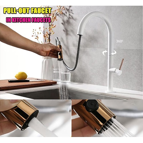 

Kitchen Faucet with Pull-out Sprayer Contemporary Rotatable Single Handle One Hole Painted Finishes High Arc Antique Kitchen Taps Adjustable to Cold and Hot Water