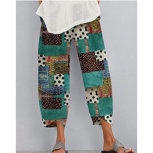 

Women's Chinos Pants Trousers Faux Linen Random Pattern Green Mid Waist Casual / Sporty Athleisure Casual Weekend Print Micro-elastic Ankle-Length Comfort Polka Dot S M L XL XXL / Loose Fit