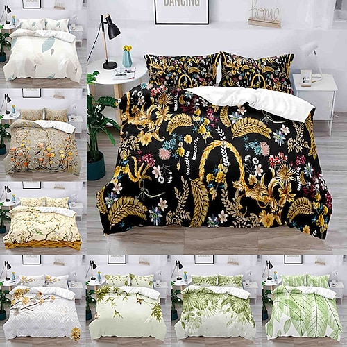 

Botanical Pattern 3-Piece Duvet Cover Set Hotel Bedding Sets Comforter Cover with Soft Lightweight Microfiber, Include 1 Duvet Cover, 2 Pillowcases for Double/Queen/King(1 Pillowcase for Twin/Single)