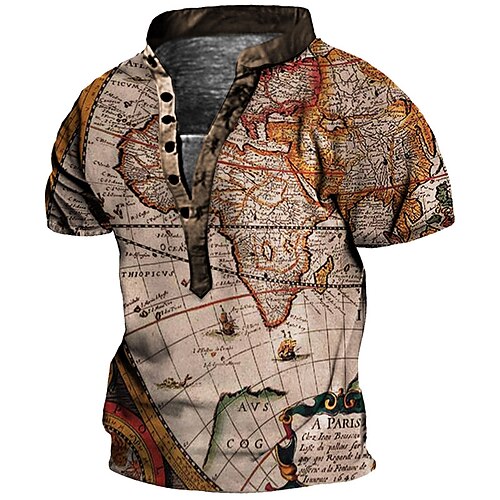 

Men's Henley Shirt Tee T shirt Tee 3D Print Graphic Map Plus Size Stand Collar Daily Sports Button-Down Print Short Sleeve Tops Basic Casual Designer Big and Tall Brown