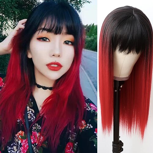 

Black Red Straight Wigs with Bangs for Women Black Root Red Long Straight Synthetic Wigs with Full Bangs Natural Looking Glueless Heat Resistant Soft Hair 18inches