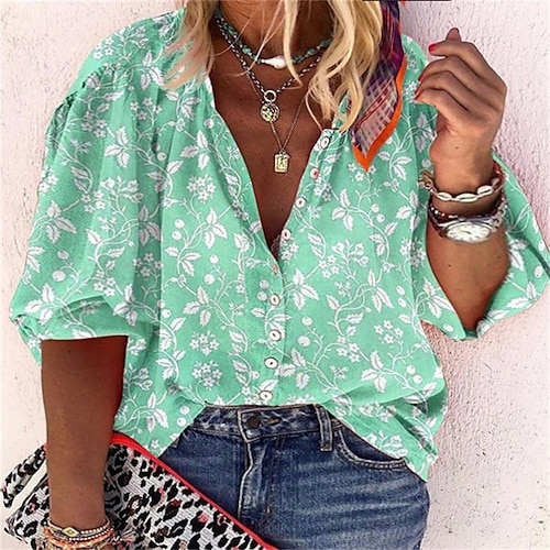 

Women's Plus Size Tops Blouse Shirt Floral Button Print Long Sleeve V Neck Streetwear Daily Back to School Polyester Fall Spring Green Blue