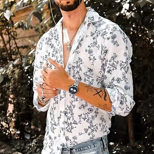 

Men's Shirt Floral Turndown Street Casual Button-Down Long Sleeve Tops Casual Fashion Breathable Comfortable White