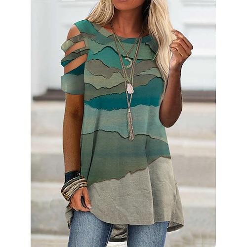 

Women's Daily Geometric T shirt Tee Scenery Short Sleeve Cold Shoulder Print Round Neck Basic Tops Green S / 3D Print