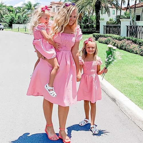 

Mommy and Me Dresses Family Sets Solid Color Daily Ruched Pink Short Sleeve Knee-length Daily Matching Outfits / Spring / Summer / Sweet