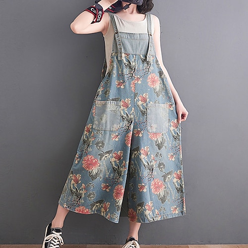 

Women's Overall Pocket Print Floral Square Neck Casual Street Daily Regular Fit Sleeveless Yellow Light Blue M L XL Spring