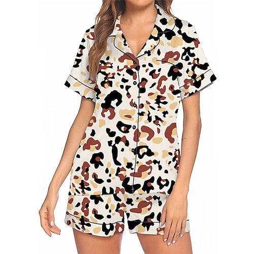 

Women's Pajamas Sets Nighty Leopard Fashion Comfort Home Bed Polyester Lapel Short Sleeve Shirt Shorts Button Spring Summer White Blue / Buckle
