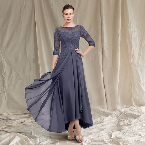 

A-Line Mother of the Bride Dress Elegant Jewel Neck Asymmetrical Tea Length Chiffon Lace 3/4 Length Sleeve with Pleats Appliques 2022