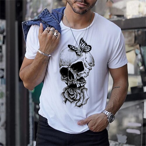 

Men's T shirt Hot Stamping Skull Crew Neck Street Casual Print Short Sleeve Tops Casual Fashion Breathable Comfortable White
