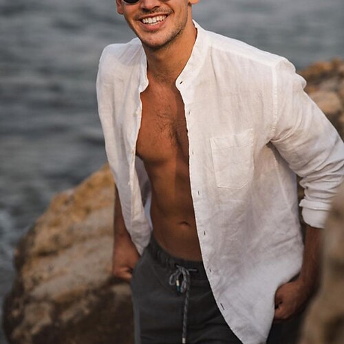 

Men's Shirt Solid Color Stand Collar Street Casual Button-Down Long Sleeve Tops Casual Fashion Breathable Comfortable White