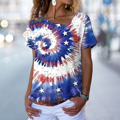 

Women's Abstract Painting T shirt Tie Dye Star Print V Neck Basic Tops Blue / 3D Print