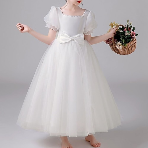 

Kids Girls' Dress Solid Colored A Line Dress Asymmetrical Dress Party Ruched Cotton Short Sleeve Cute Dress 3-12 Years Spring White