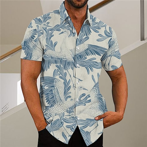 

Men's Shirt Print Crane Leaves Turndown Street Casual Button-Down Print Short Sleeve Tops Casual Fashion Designer Breathable Blue