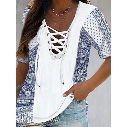 

Women's Casual Weekend Painting T shirt Tee Floral Short Sleeve Print Round Neck Basic Ethnic Tops Blue Red S