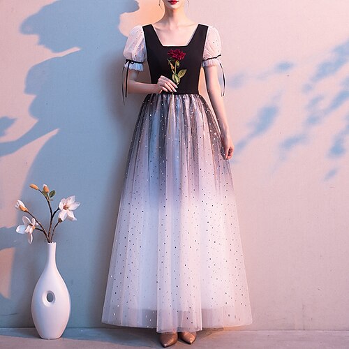 

A-Line Evening Dresses Minimalist Dress Wedding Guest Floor Length Short Sleeve Scoop Neck Tulle with Sequin 2022 / Formal Evening