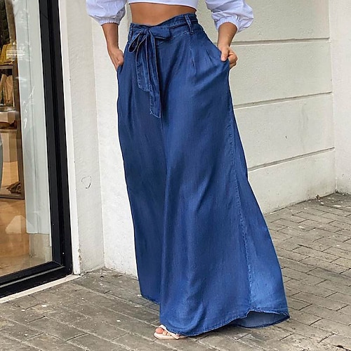 

Women's Culottes Wide Leg Chinos Pants Trousers Denim Blue Light Blue Black Mid Waist Fashion Casual Weekend Side Pockets Micro-elastic Full Length Comfort Solid Color S M L XL XXL / Loose Fit