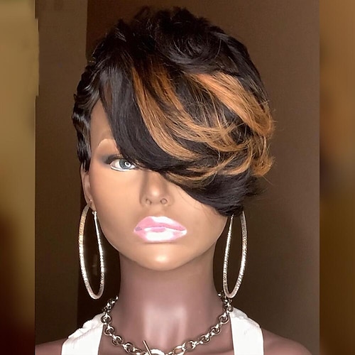 

Highlight Short Cut Bob Human Hair Wigs With Long Natural Bangs For Black Women 100% Human Hair Wig Full Machine Pixie Cut Wig Brazilian Hair Women's