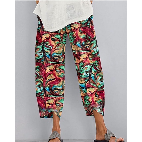 

Women's Chinos Pants Trousers Trousers Faux Linen Green Red Mid Waist Casual / Sporty Athleisure Casual Weekend Print Micro-elastic Ankle-Length Comfort Flower / Floral S M L XL XXL / Loose Fit