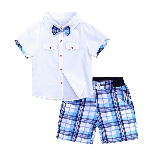 

2 Pieces Kids Boys Shirt Shorts Clothing Set Outfit Plaid Short Sleeve Bow Cotton Set Gentle Preppy Style Summer 2-8 Years White