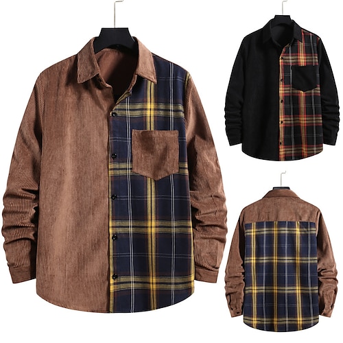 

Men's Shirt Overshirt Shirt Jacket Color Block Turndown Black Coffee Long Sleeve Outdoor Street Button-Down Tops Fashion Casual Breathable Comfortable