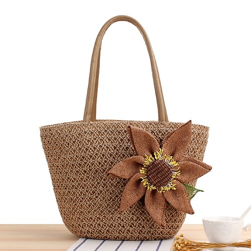 

Women's Sling Bags Top Handle Bag Straw Bag Shoulder Bag Polyester Linen Zipper Solid Color Daily Outdoor White Camel