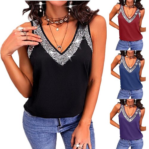 

2022 summer new independent station amazon europe and the united states cross-border women's solid color sequin sleeveless vest t-shirt top