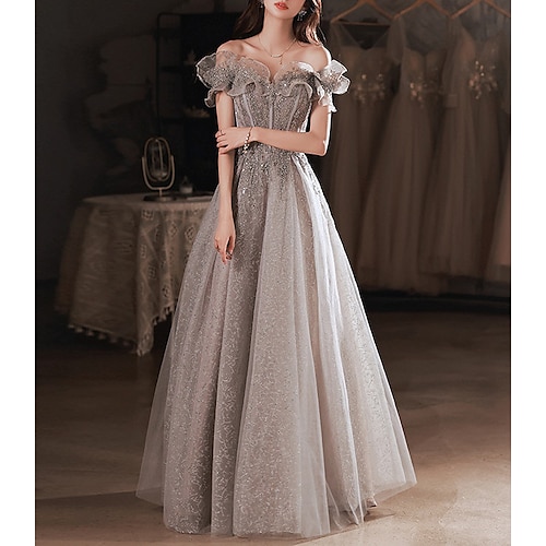 

Linea-A Brillante e glitterato Graduazione Serata formale Vestito Senza spalline Manica corta Lungo Polyester con Lustrini Con balze 2022