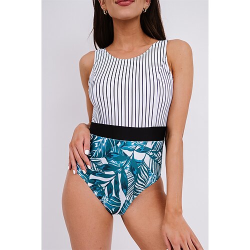 

Women's One Piece Swimsuit High Waist Bodysuit Bathing Suit Stripes Swimwear White Breathable Quick Dry Lightweight Swimming Surfing Beach Summer / Micro-elastic