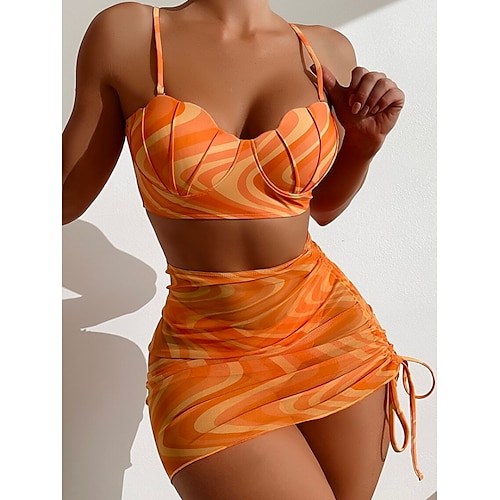 

Women's Swimwear Bikini Three Piece Normal Swimsuit High Waisted Striped Orange Padded Strap Bathing Suits Sports Vacation Sexy / New