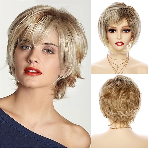 

Blonde Short Wig with Bangs for White WomenPixie Cut Wig Blonde Short Ombre Brown Mixed Blonde Color Wig Synthetic Pixie Cut Wavy Wig with Bangs Blonde Short Hair Wigs for Women