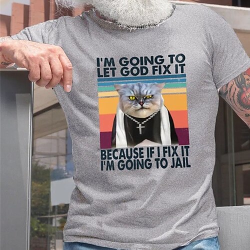 

Men's T shirt Tee Hot Stamping Cat Graphic Letter Crew Neck Street Casual Print Short Sleeve Tops Basic Fashion Classic Comfortable White Gray