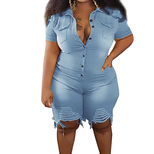 

Women's Plus Size Curve Jumpsuit Romper Pocket Solid Color Casual Streetwear Casual Daily High Short Spring Summer Blue Pink Yellow L XL XXL 3XL 4XL