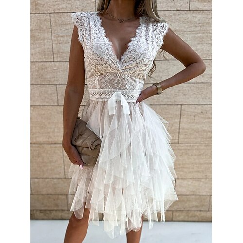 

Women's A Line Dress Knee Length Dress White Sleeveless Pure Color Mesh Lace Spring Summer V Neck Elegant Romantic Vacation Slim 2022 S M L XL