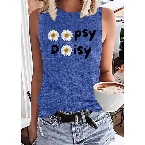 

Women's Daily Holiday Going out Tank Top Graphic Daisy Letter Sleeveless Print Round Neck Basic Tops Blue Purple Pink S