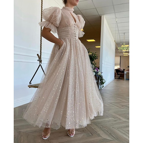 

A-Line Prom Dresses Glittering Dress Engagement Ankle Length Half Sleeve High Neck Tulle with Buttons Pleats Sequin 2022