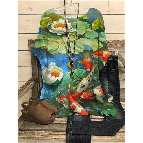 

Women's Blouse Shirt Henley Shirt Green Blue Pink Floral Butterfly Print Short Sleeve Casual Holiday Casual Beach Round Neck Regular Floral Butterfly S / 3D Print