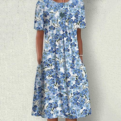 

Women's Shift Dress Midi Dress Blue Short Sleeve Floral Ruched Spring Summer Crew Neck Stylish Loose Fit 2023 S M L XL XXL 3XL