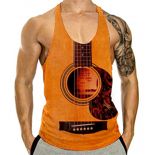 

Men's Tank Top Vest 3D Print Graphic Prints Musical Instrument Crew Neck Daily Sports Print Sleeveless Tops Fashion Classic Designer Comfortable Orange