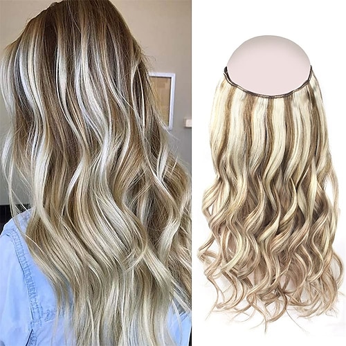 

Straight Secret Halo Hair Extensions Remy Human Hair 10-26 Inch 100G Ash Brown Mixed with Ash Blonde Highlighted Fish Line Hair with Adjustable Wire Removable Secure Clips