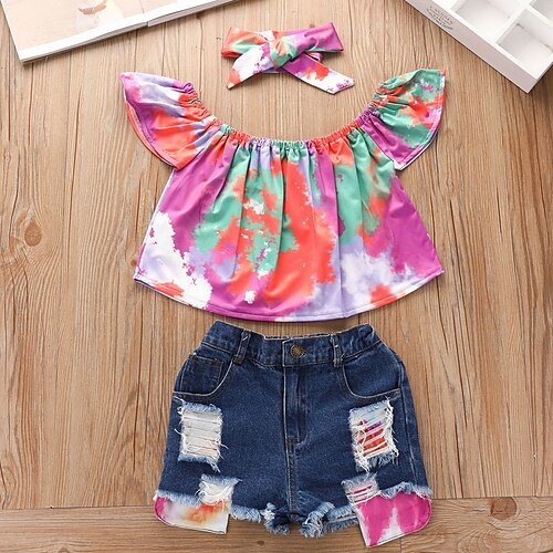 

3 Pieces Kids Girls' T-shirt & Shorts Clothing Set Outfit Tie Dye Short Sleeve Ruched Cotton Set Outdoor Cute Sweet Spring Summer 2-6 Years Multi color