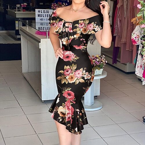 

Women's Party Dress Corset Dress Bodycon Midi Dress Black Short Sleeve Floral Ruffle Spring Summer Off Shoulder Party 2022 S M L XL XXL 3XL