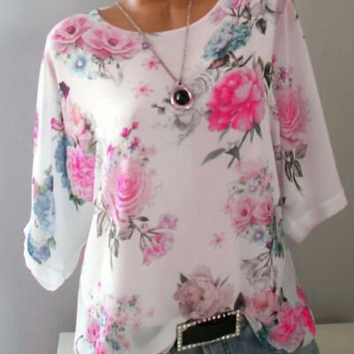 

Women's Plus Size Tops Blouse T shirt Tee Floral Print Half Sleeve Crewneck Streetwear Daily Weekend Polyester Fall Spring White Blue