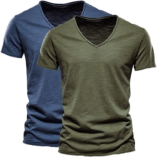 

2 pcs Men's T-shirt Solid Color Basic Short Sleeve V Neck
