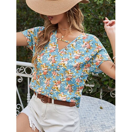 

Women's Daily Holiday Weekend Floral Blouse Shirt Floral Short Sleeve Print V Neck Casual Streetwear Hawaiian Tops Blue S / 3D Print