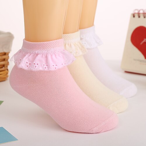 

Kids Girls' Socks White Pink Yellow Solid Colored Lace Trims Spring Summer Cute Daily Wear 1-12 Years