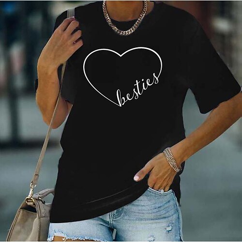 

Women's Casual Weekend Painting T shirt Tee Heart Text Short Sleeve Print Round Neck Basic Tops Green White Black S
